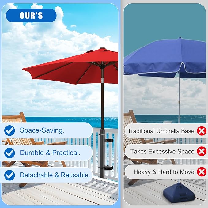 KingDolly No-Drilling Patio Umbrella Holder for Deck Railing with Space-Saving Design, Heavy Duty Deck Umbrella Mount - Fits 1"-1.9" Umbrella Poles, Adjustable Clamp on Umbrella Holder for Deck