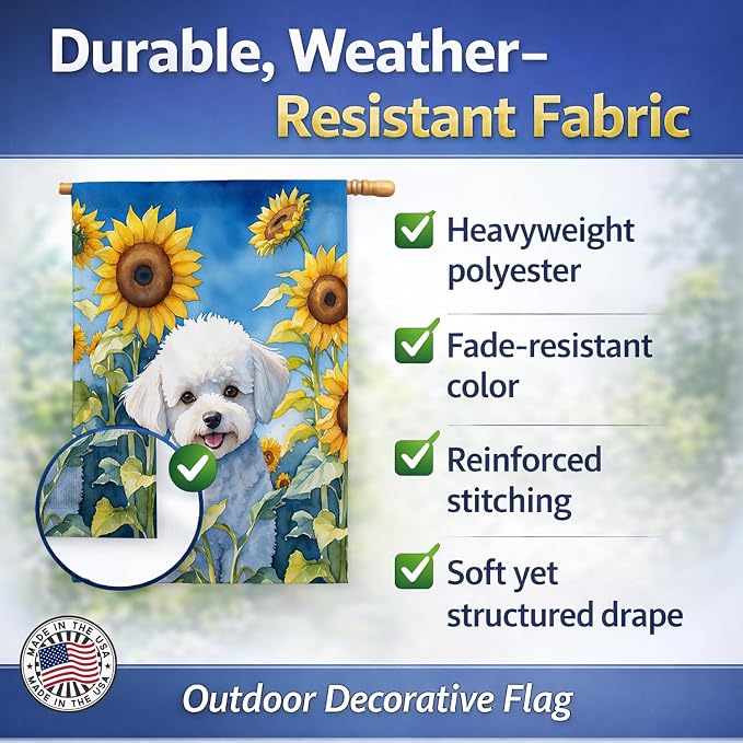 Caroline's Treasures DAC6027CHF Bichon Frise in Sunflowers House Flag Large Porch Sleeve Pole Decorative Outside Yard Banner Artwork Wall Hanging, Polyester, House Size, Multicolor