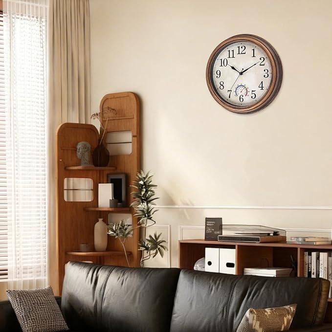 12 inch Outdoor Wall Clock, Plastic Waterproof Wall Clock with Temperature, Water Resistant Outdoor Clocks for Patio Garden