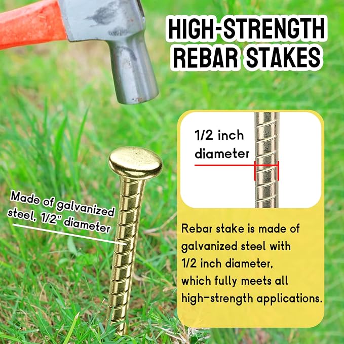 16 Inch Rebar Stakes - 1/2 Inch Diameter Galvanized Steel Ground Anchors - Heavy Duty Plant Support Garden Stake for Speed Bump, Wheel Stop, Tent (6 Pack)
