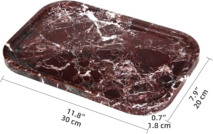 Marble Bathroom Vanity Tray, Natural Marble Home Kitchen Table Tray, Stone Decorative Countertop Serving Organizer for Dresser Coffee Perfume Jewelry Makeup (1, Rosso Lepanto L, 12 * 8 * 0.8)