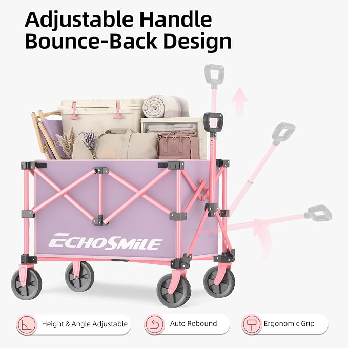 EchoSmile Lightweight Collapsible Wagon Cart, Compact Foldable Wagon for Grocery, Camping & Sports, Easy Fold Utility Wagon,Pink&Purple