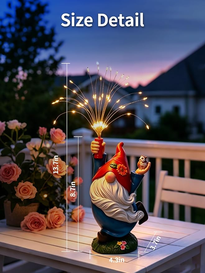 Garden Gnome Statue, Solar Outdoor Decor with Owl and Firework LEDs | Waterproof solar resin gnome for outdoor gardens, patios, porches and balconies; a charming gift for women and garden lovers