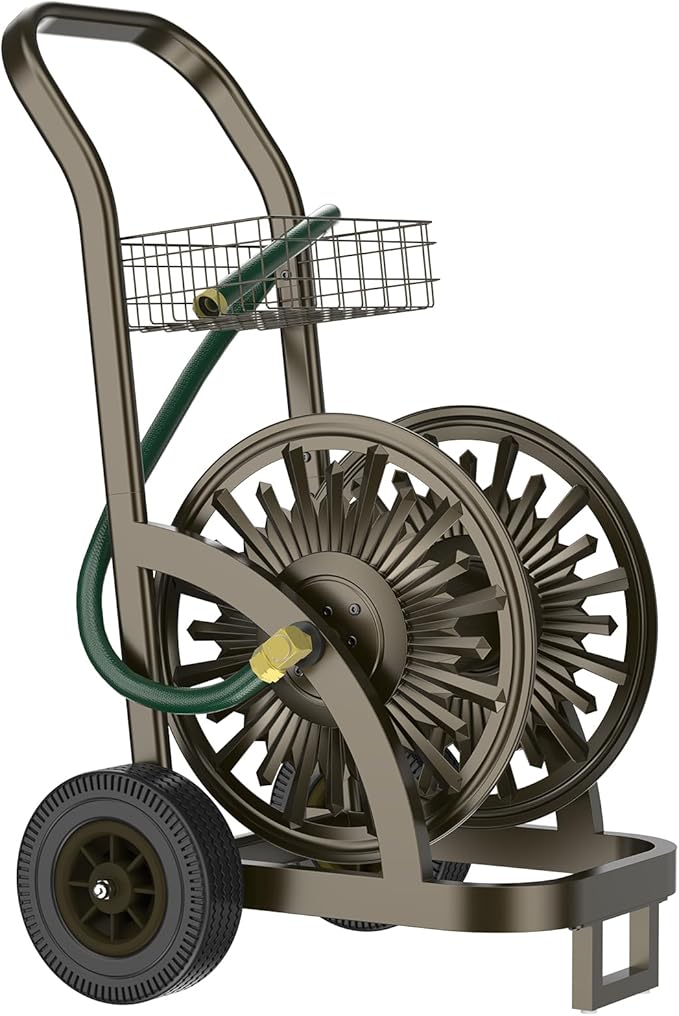 GOFORWILD Heavy Duty Steel Garden Hose Reel Cart with Wheels | Holds 200ft of 5/8 Hose, Storage Basket, Anti-Tip Design, Mobile Water Reel for Lawn, Yard, Garden