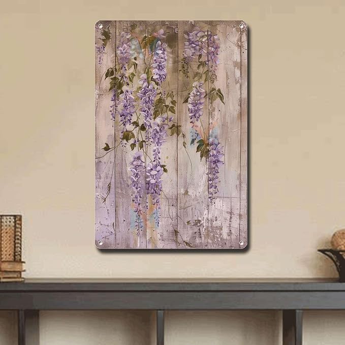 Metal Sign Tin Sign Vintage Wall Art Shabby Chic Wisteria Tin Sign for Antique Garden Charm Rustic Wall Art and Distressed Wood Panels Funny Bathroom Wall Decor for Room 12×16 Inches