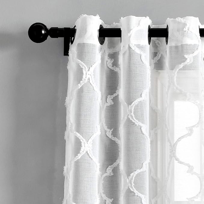 Lush Decor Avon Trellis Grommet Sheer Window Curtain Panels Pair 38" W x 95" L White - Sheer Curtains for Living Room - Modern Farmhouse Bedroom Curtains