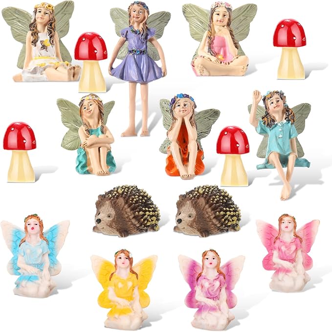 Roowest 16 Pcs Garden Accessories Miniatures Fairies Kit Resin Hedgehogs Cute Tiny Mushroom Miniature Figurines Mini Garden Micro Landscape Ornaments for Lawn Yard Home Outdoor Decorations