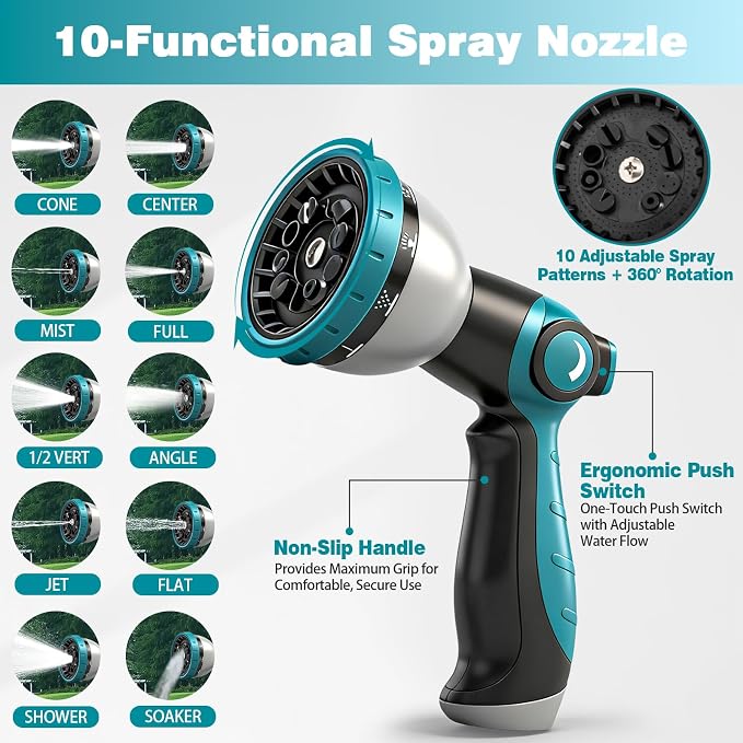 50FT Garden Hose, Kink-Free Non-Expandable Flexible Water Hose with 10-Pattern Spray Nozzle, Lightweight Leakproof Flat Hose with 3/4” Solid Brass Connector for Yard, Lawn & Outdoor Use