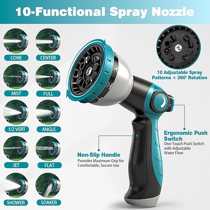 100FT Garden Hose, Kink-Free Non-Expandable Flexible Water Hose with 10-Pattern Spray Nozzle, Lightweight Leakproof Flat Hose with 3/4” Solid Brass Connector for Yard, Lawn & Outdoor Use