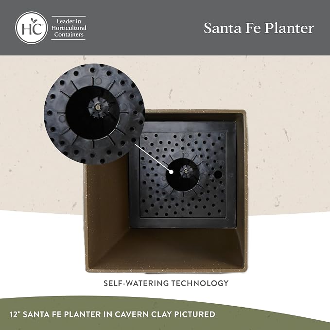 The HC Companies Santa Fe Square Self-Watering Pot - Lightweight Plastic Planter for Herbs & More - Durable Plant Pots for Indoor Plants & Outdoor Plants (16" Cavern Clay, Pack 2)