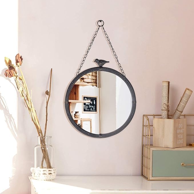 NIKKY HOME 11.2" Decorative Small Hanging Mirrors Vintage Rustic Round Metal Framed Wall Mounted Mirror Decor with Bird for Bathroom Living Room Office, Antiqued Black