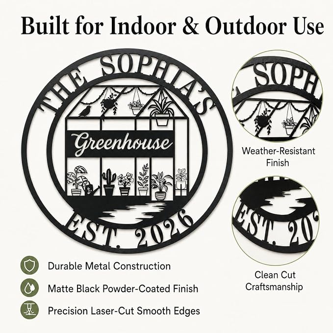 Personalized Metal Greenhouse Sign Custom Garden Name Sign for Outside Yard Patio Decor Botanical Wall Art Gift for Mom Grandma Gardener