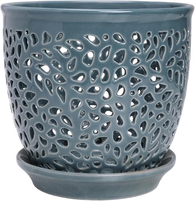 Elegant Orchid Pot with Holes, Large 6.5 inch Premium Porcelain Ceramic Orchid Pot for Repotting, Durable Ceramic Planter with Removable Saucer for Easy Drain, Planter Gifts for Moms