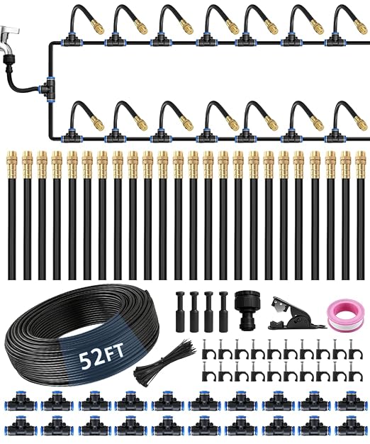 52FT 5/16" Misting Irrigation System for Garden with 20 Adjustable Nozzles | 360° Bendable Copper Nozzles, Quick Connect, Steady Flow, UV-Resistant PE Tubing & Accessories, Garden Beds& Greenhouse