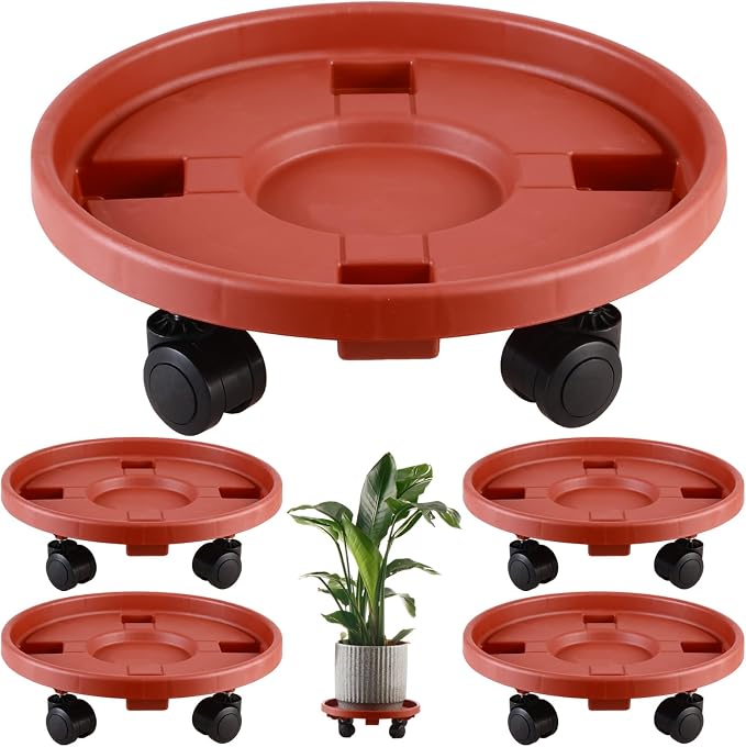 5 Pakcs Large Plant Caddy with Wheels 15.8" Rolling Plant Stands Heavy-duty Plastic Plant Roller Base Pot Movers Plant Saucer on Wheels Indoor Outdoor Plant Dolly with Caster Tray Coaster Red