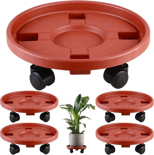 5 Pakcs Large Plant Caddy with Wheels 15.8" Rolling Plant Stands Heavy-duty Plastic Plant Roller Base Pot Movers Plant Saucer on Wheels Indoor Outdoor Plant Dolly with Caster Tray Coaster Red