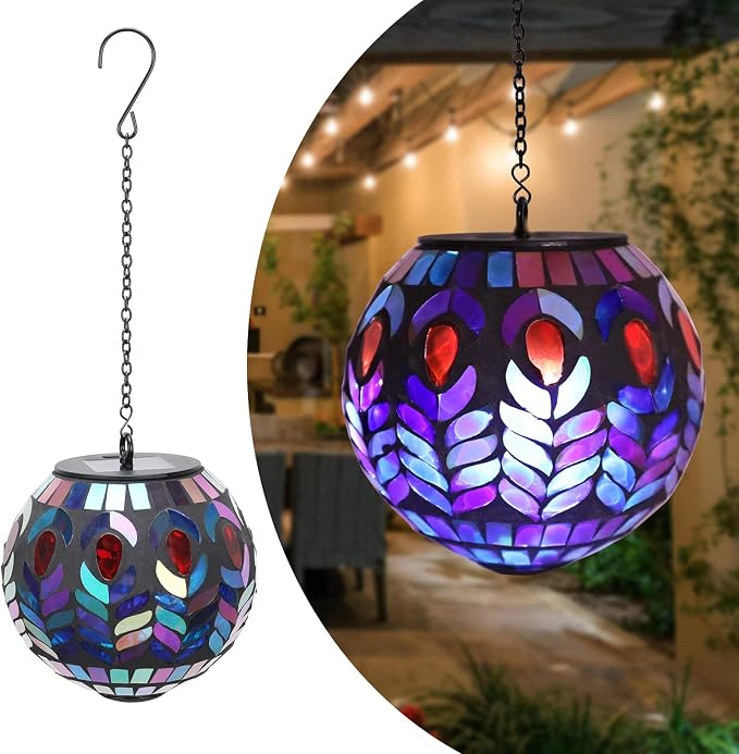 Mosaic Solar Lantern Outdoor Waterproof Glass Hanging Solar Lights, Black | Solar Hanging Lantern IP44 Waterproof Mosaic Gazing Ball with White LED Lights, Metal Hanging Chain, Outdoor Pathway Decor