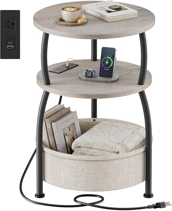 Round Side Table with Charging Station, USB Type C Port, Greige | End Table with Power Outlet and Basket, Space Saving, 3-Tier Nightstand, Corner Stand, for Living Room, Bedroom, Patio