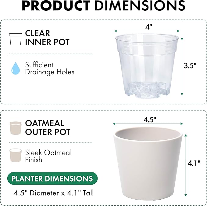 Phoenix Vine 4.5 Inch Oatmeal Plastic Cachepot with Clear Nursery Pot, Decorative Lightweight Planter Cover with Transparent Inner Pot for Indoor Houseplants, Pack of 6, 24-B-G-6