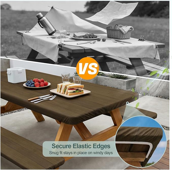 Play Tailor Picnic Table Cover with Bench Covers Camping Essentials Waterproof Windproof Camping Tablecloth with Drawstring Bag, Fitted Rectangle Tables and Seats, 72in, Dark Brown
