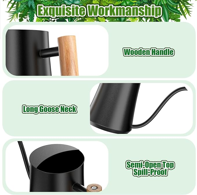 Green Moon 1L/35oz Metal Watering Can Indoor with Long Spout, Black | Metal Stainless Steel Watering Can with Wood Handle for Indoor Plants, House Bonsai, Succulents, and Outdoor Garden Flowers