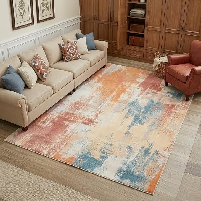 5x7 Terracotta Blue Beige Modern Abstract Brushstroke Area Rug | Washable non-slip low-pile faux cashmere rug for living rooms, bedrooms and home offices.