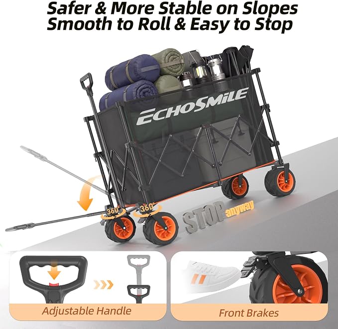EchoSmile Collapsible Foldable Extended Wagon with 500Lbs Weight Capacity, 300L Folding Utility Wagon Cart with Big All-Terrain Wheels for Beach,Sport,Garden&Grocery (Black&Orange)