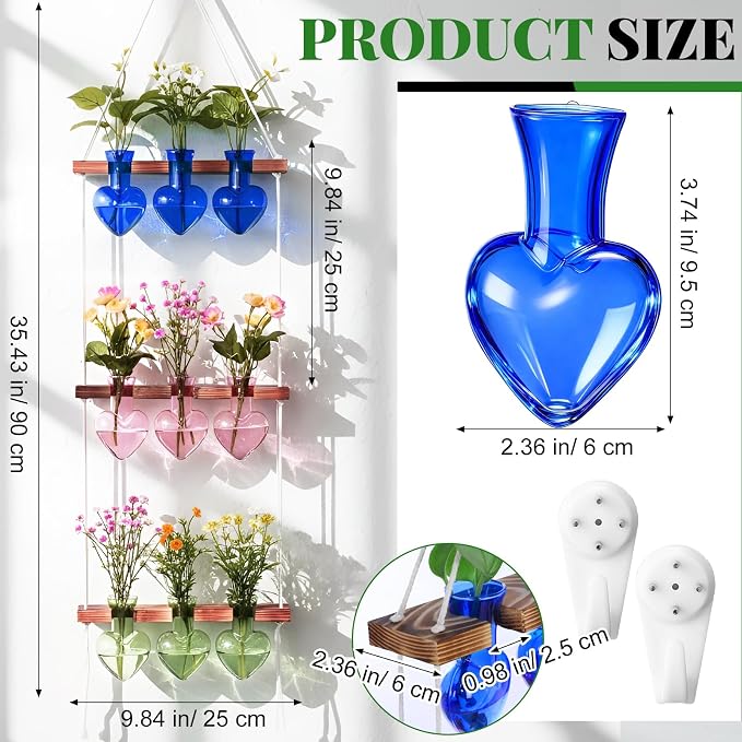 Leinuosen Wall Hanging Plant Propagation Stations Mother Gifts for Her Plant Lovers 3 Tiered 9 Heart Shaped Glass Vases Terrarium with Wooden Stand for Hydroponics Indoor Garden Home Decor(Multicolor)