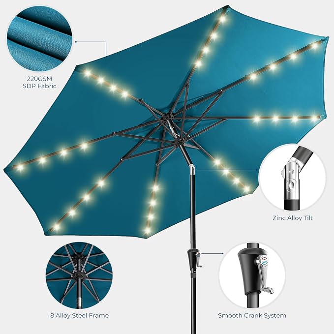 HOMSHADE 9ft Solar Patio Umbrella - Solar Lights LED Lighted Outdoor Market Table Umbrella, UPF50+ UV Protection with Push Button Tilt, Crank for Pool Deck and Garden (Peacock Blue)
