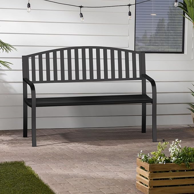 Garden Bench, 50" Outdoor Bench, 660LBS Wrought Iron Porch Bench, Patio Bench with Armrests for Garden Lawn or Yard, Black