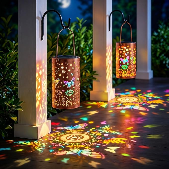 2Pack Colorful Butterfly Solar Lanterns Outdoor Decor, Garden Decor Gifts for Women Mom Sister Grandma, LED Hanging Solar Lantern Lights Outside for Table Yard Lawn Garden Path Porch