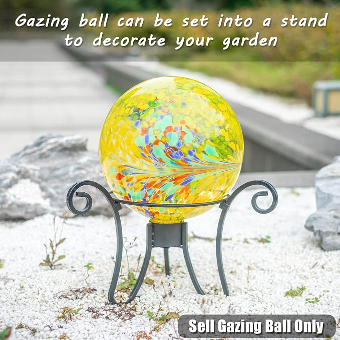 VCUTEKA Gazing Ball, Glass Gazing Balls Garden Globe Decor 10" Yellow | Handcrafted yellow swirl glass gazing balls that creates elegant garden focal point in any outdoor landscape yard decorative