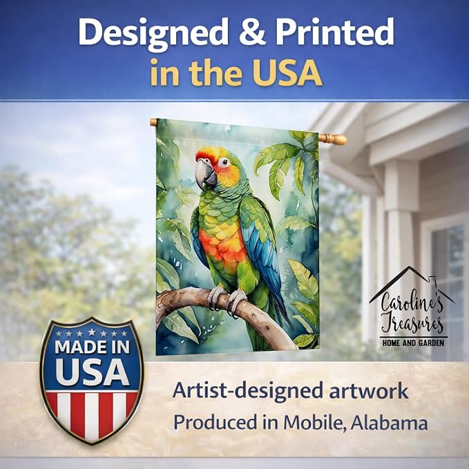 Caroline's Treasures Amazon Parrot House Flag Large Porch Sleeve Pole Decorative Outside Yard Banner Artwork Wall Hanging, Polyester, House Size, Multicolor