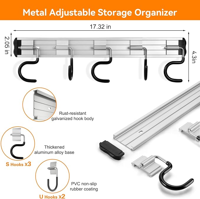 HUPBIPY 69'' Aluminum Alloy Garden Tool Organizer Wall Mount Garage Organizers and Storage with Hooks Tool Hangers for Shed Hooks for Shovel, Rake, Broom & More