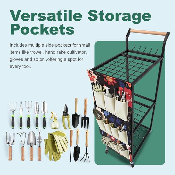 Garden Tool Organizer with Wheels 3 Tier Yard Tool Organizer Rack with Side Storage Pockets Sturdy Metal Steel Holder with 6 Hooks for Garage, Yard, Patio, Shed