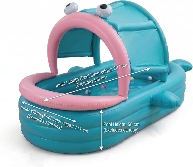 Inflatable Kiddie Pool with Canopy, Giant Fish Blow Up Pool for Kids Toddlers Adults, Thickened PVC Family Pool, 3 Air Chambers, 96"×59"×20" Backyard Summer Splash