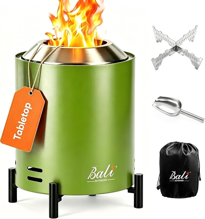 BALI OUTDOORS 6.5 inch Tabletop Fire Pit Round, Stainless Steel Table Top Firepit Small, Outdoor Smokeless Firepit Portable, Green