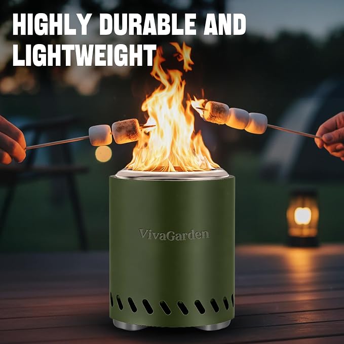 Smokeless Tabletop Fire Pit, VivaGarden Portable Outdoor Fire Pit for Camping, Patio, Backyard, Wood and Pellets Burning Camping Stove with Carry Bag, Forks, Mat and Pot Stand (9.7x7.1 Inch, Green)