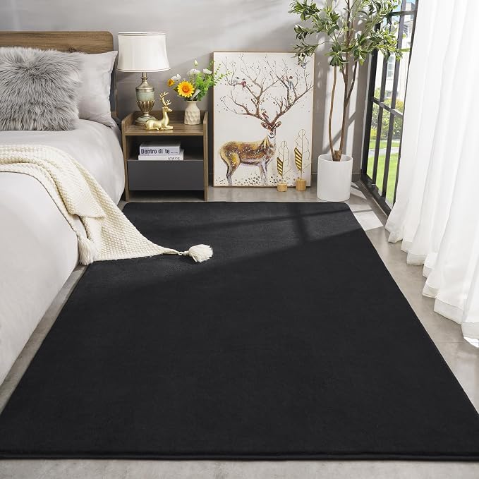 Amearea Large Area Rugs for Bedroom Living Room, 8x10 Black Memory Foam Rug | Thickened Fluffy Indoor Washable Rugs Non Slip Minimalist Carpet for Boys Girls Dorm Nursery Room Decor