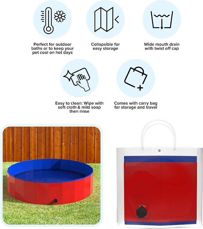 Foldable Dog Pool - 47x12in Pet Pool - Durable PVC Outdoor Pool with Drain for Grooming, Bathing, or Play - Dog Pools for Large Dogs by PETMAKER (Red)