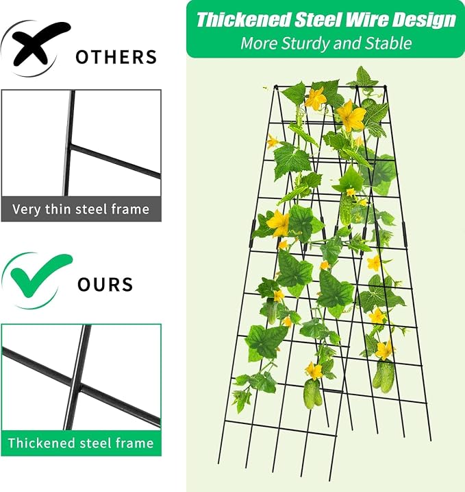 DoCred Cucumber Trellis, 59" H 2 Pack Metal Foldable Upgraded A Frame Garden Trellis for Raised Bed Climbing Plants, Vegetables, Including Plant Support Clips, Twist Ties, Plastic Ties, Black