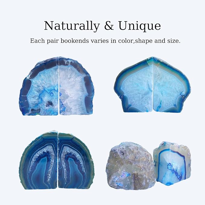 Natural Blue Dyed Agate Geode Bookends - 3 to 4 lb Heavy Duty Rock Crystal Stone Book Ends for Shelves, with Rubber Bumpers, Decorative Book Holders for Home Office
