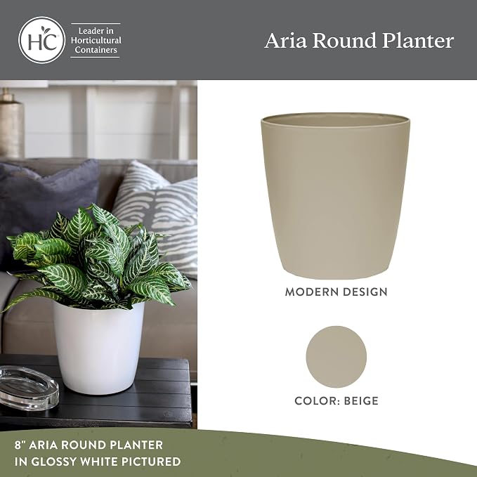 The HC Companies Aria Round Self-Watering Pot - Lightweight Plastic Planter for Herbs & More - Durable Plant Pots for Indoor Plants & Outdoor Plants (16" Beige, Pack of 1)