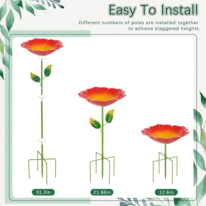 2 Pack Bird Baths for Outdoors, Colorful Metal Bird Bath for Outside, Hummingbird Bath with Five Stakes, Garden Flower Small Birdbath for Garden Decor, 31.3" H x 10.63" Dia (Cyan, Deep Red)