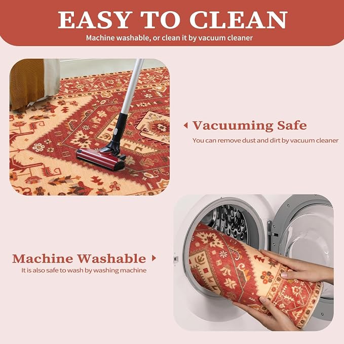 SERISSA 8x10 Washable Non Slip Boho Area Rug for Living Room，Red | Ultra Soft Vintage Oriental Carpet Low-Pile Distressed Tribal Throw Carpet for Dining Room Bedroom Dorm Office Home Decor