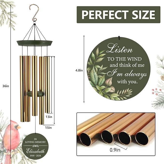 ASTARIN Personalized Memorial 30"/36" Wind Chimes for Loss of Loved One Mom Dad, Produced in Texas Memorial Gifts for Sympathy Bereavement Remember, Deep Tone in Memory of Wind Chimes for Outside