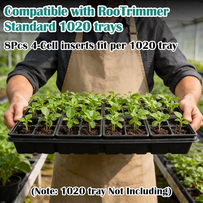 RooTrimmer 80 Pack Reusable 4-Cell Seed Starter Tray for Seedlings, Easy Watering Seed Starting Trays with Drainage Holes for Seed Germination and Plant Start, Fits Standard 1020 Trays, Black