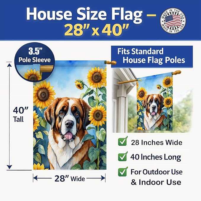 Caroline's Treasures DAC6151CHF Saint Bernard in Sunflowers House Flag Large Porch Sleeve Pole Decorative Outside Yard Banner Artwork Wall Hanging, Polyester, House Size, Multicolor