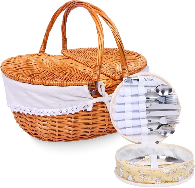 Wicker Picnic Basket with Handle, 15" Large Picnic Basket with Lid & Removable Liner, Vintage Hand Woven Basket with Cutlery Set for Picnics, Camping, Thanksgiving, and Birthday