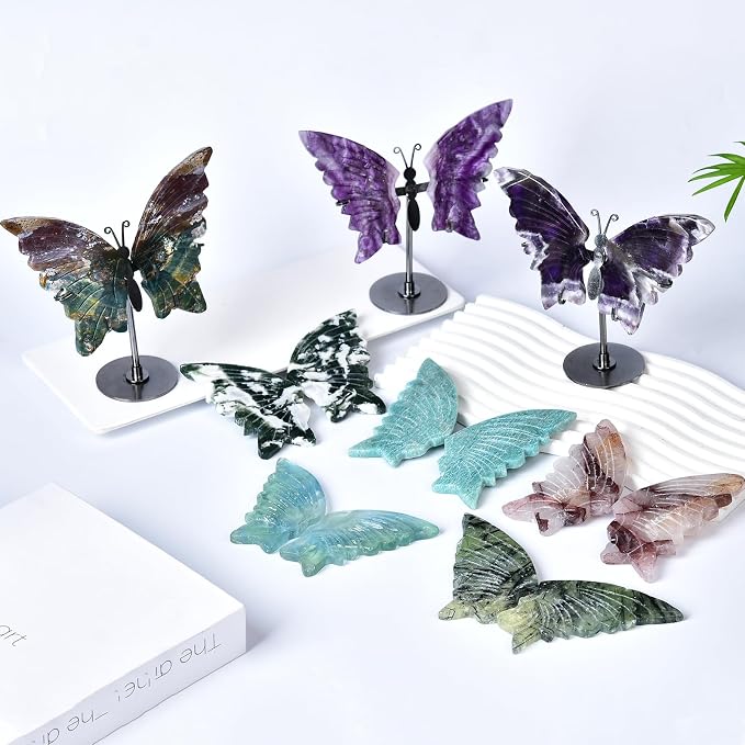 JIC Gem Hematoid Quartz Crystal Stone Butterfly Art Decorative Healing Crystal Slices Carved Angel Wings with Silver Stand Office Home Decor Reiki Gifts (1pair, 10cm)